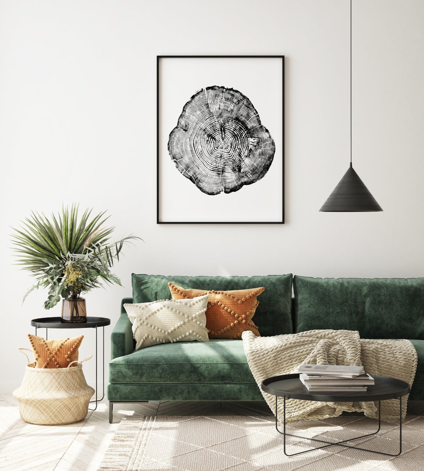 tree ring print as wall art with boho interior design